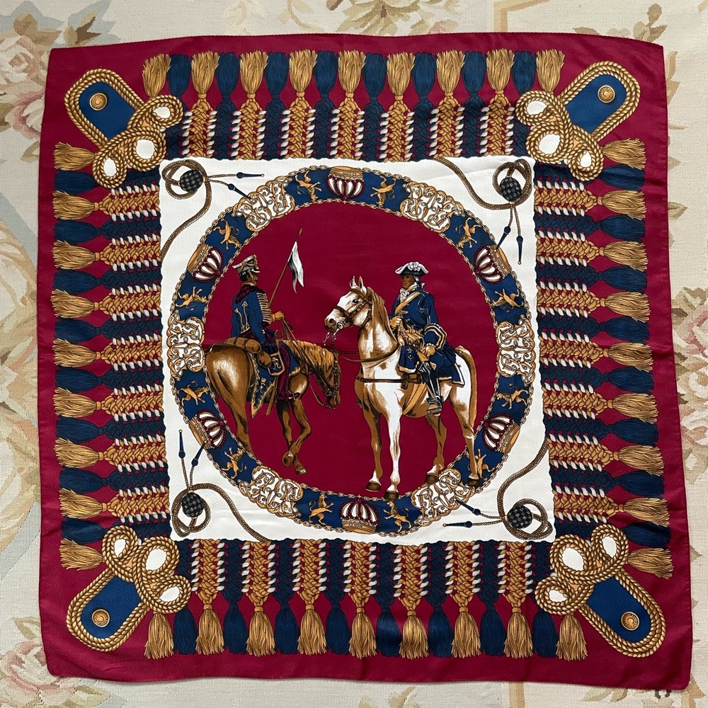 Equestrian Themed Scarf with Red and Blue Design